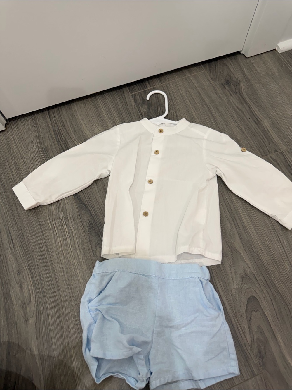 White Button-Front Kids Shirt & Light Blue Shorts Set